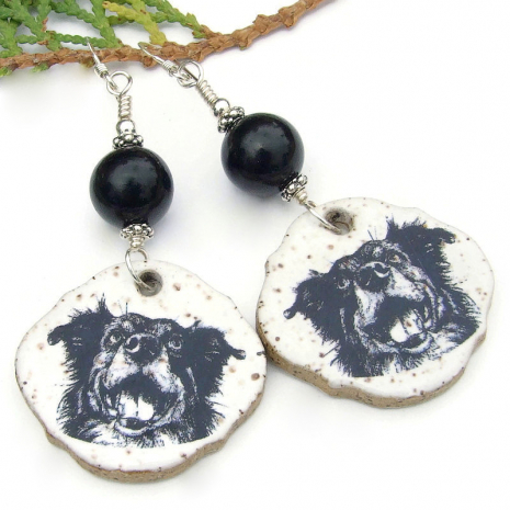 happy dogs handmade dog lover earrings black white ceramic onyx gemstones