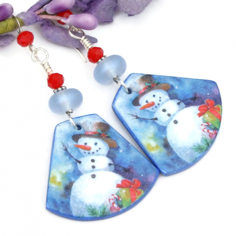 happy snowman snowmen christmas earrings handmade blue lampwork red glass