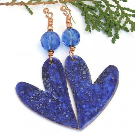 heart earrings valentines day blue night sky  handmade faceted czech glass