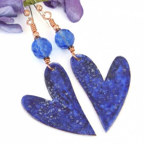 heart jewelry dark blue enamel valentines day handmade earrings gift