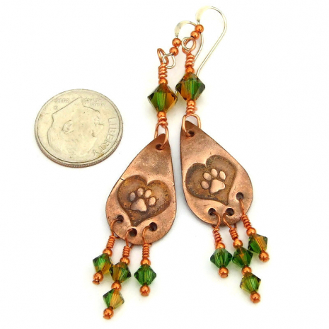 heart paw print teardrop earrings dog lover handmade copper Swarovski crystals