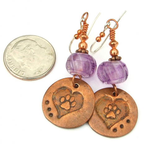heart paw prints handmade earrings copper purple lampwork jewelry