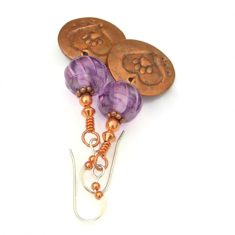 heart paw prints handmade jewelry purple lampwork earrings