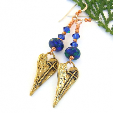 hearts crosses bronze Christian earrings handmade gemstones swarovski crystals