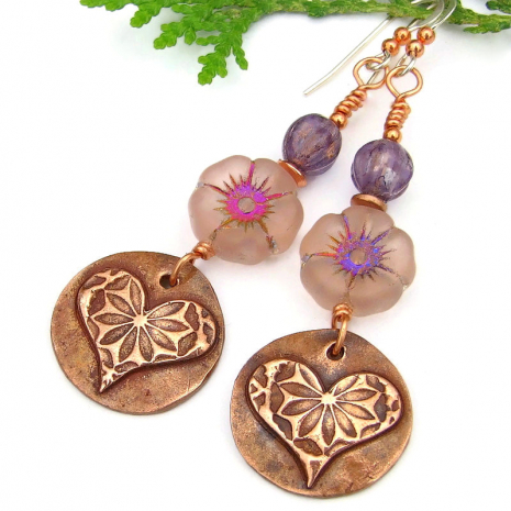 hearts flowers boho earrings handmade gift for women