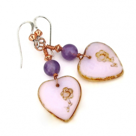 hearts flowers valentines day earrings pink purple