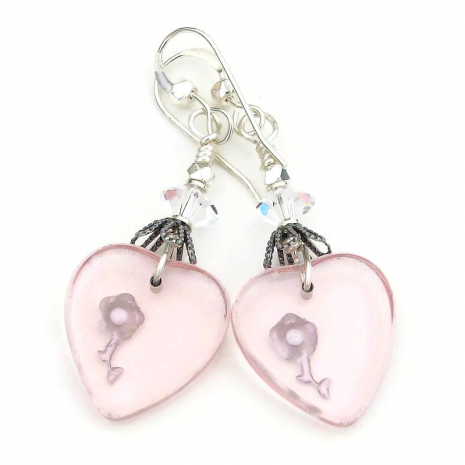 hearts flowers vintage intaglio earrings handmade Valentines gift for women