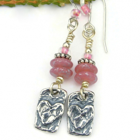 hearts heart valentines day earrings pink beads sterling silver