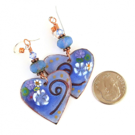 hearts jewelry blue enamel millefiore flowers spirals valentines day