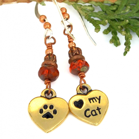 hearts love my cat earrings paw prints