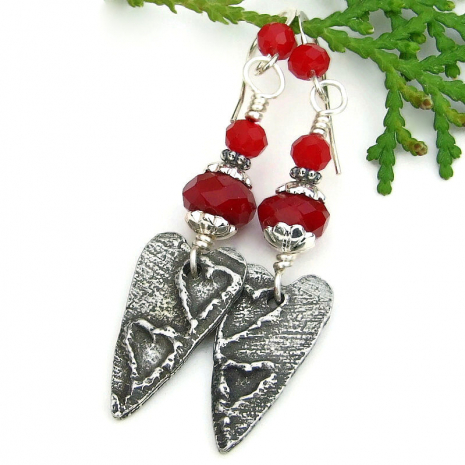 hearts on heart handmade valentines earrings faceted red glass artisan jewelry