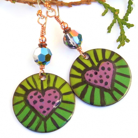 hearts valentines day handmade jewelry pink green enamel swarovski crystals