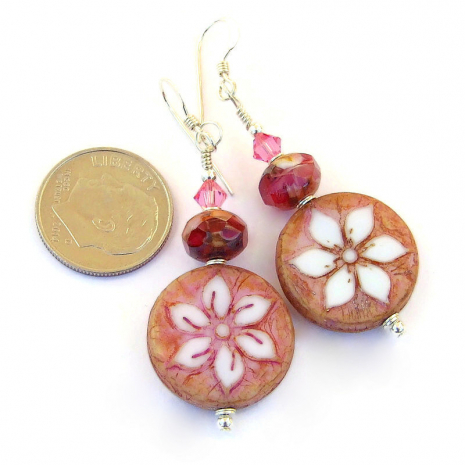 hibiscus flower earrings white pink brown