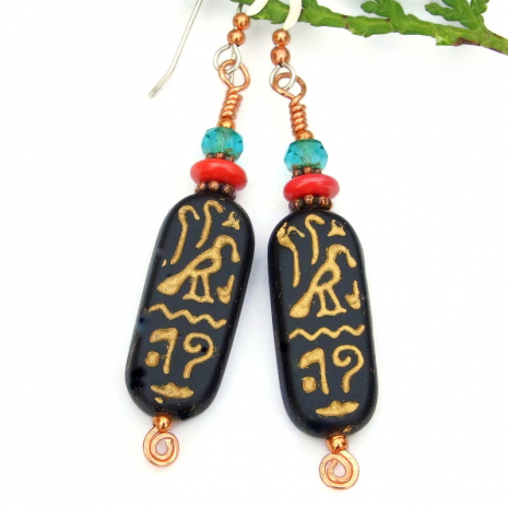hieroglyph handmade earrings black gold red aqua jewelry gift