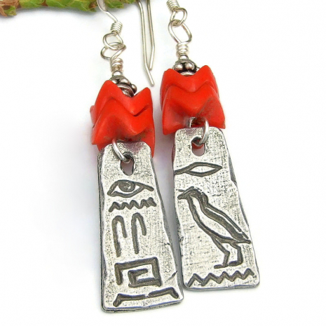hieroglyph handmade earrings egyptian vintage red glass beads jewelry gift