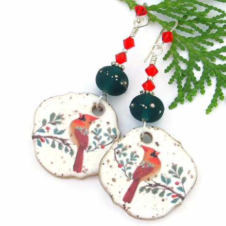 holiday birds christmas cardinals earrings green lampwork red crystals ceramic