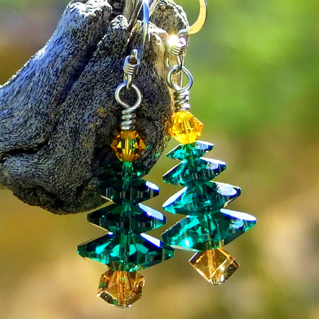 holiday christmas tree handmade earrings green yellow topaz swarovski crystals
