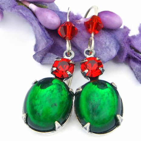 holiday christmas vintage crystal earrings handmade jewelry green red
