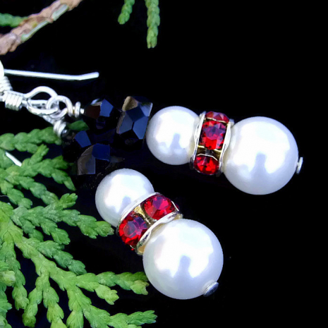holiday snowmen earrings handmade Swarovski pearls crystals white red black