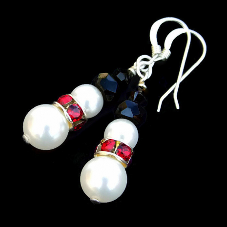 holiday snowmen jewelry handmade Swarovski pearls crystals white red black
