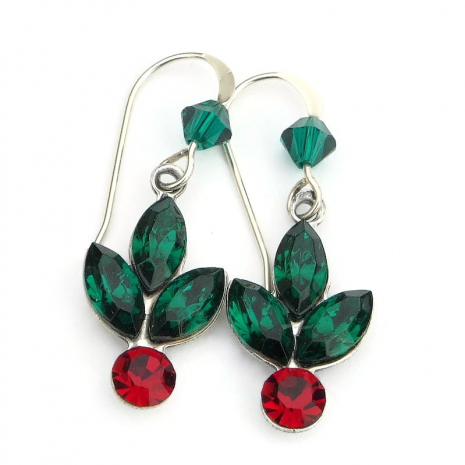 holly berry crystal Christmas earrings handmade gift for women