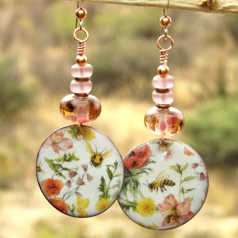 honey bees flowers handmade earrings enamel lampwork czech glass