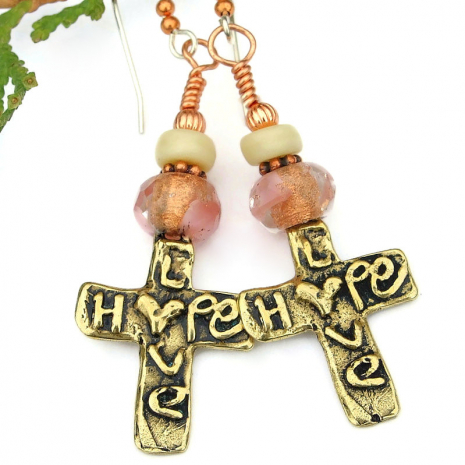 hope love hearts artisan handmade cross earrings pink gold czech glass