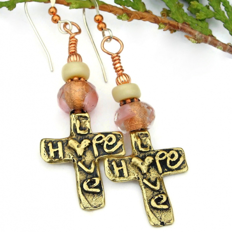 Hope Love Hearts Cross Earrings Bronze Handmade Religious Jewelry Gift Shadow Dog Designs