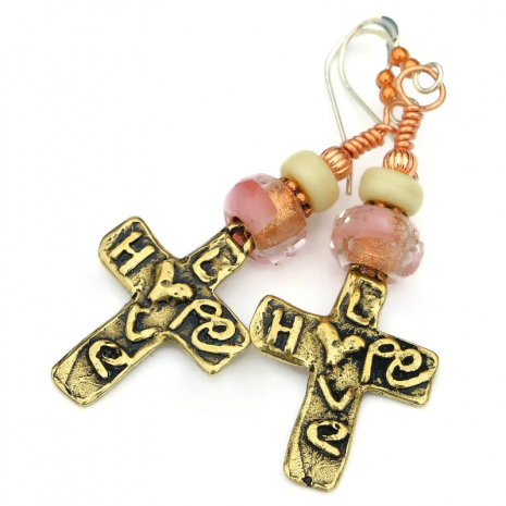 hope love hearts cross earrings handmade gift for her