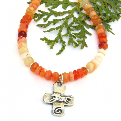 horse cross spiral pendant necklace mexican fire opal