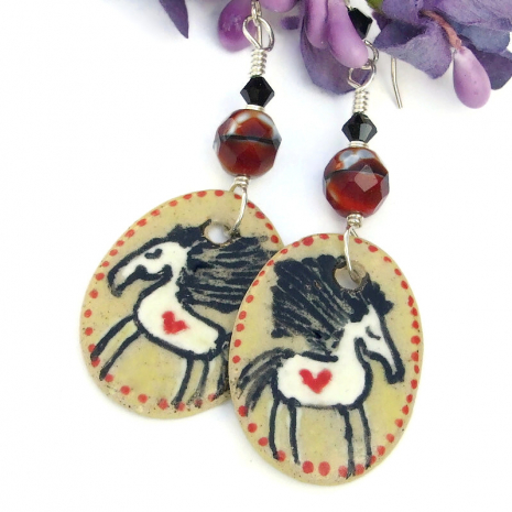 horse horses ceramic earrings white black red