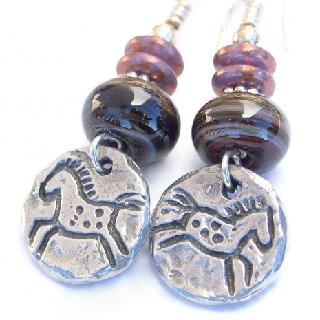 horse jewelry handmade petroglyph southwest earrings brown lampwork