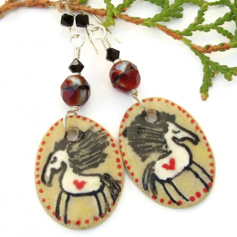 horse love horses hearts handmade earrings ceramic Czech glass Swarovski crystal