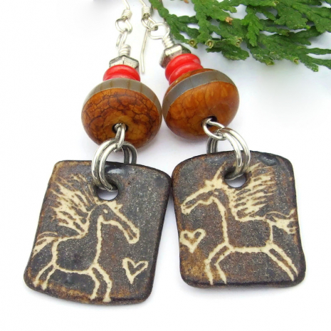 horse lover boho earrings horses heart tibetan agate
