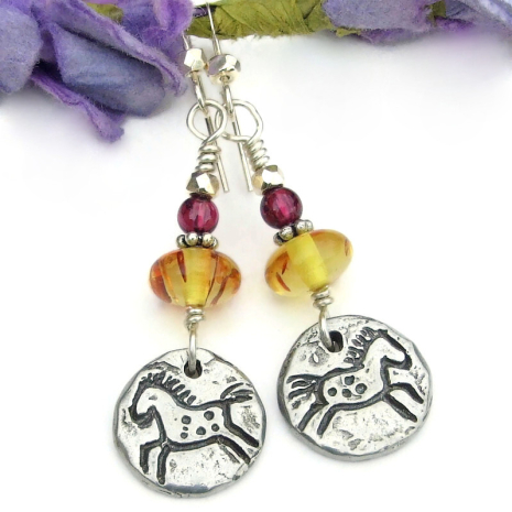 horse lover earrings suns amber garnet handmade