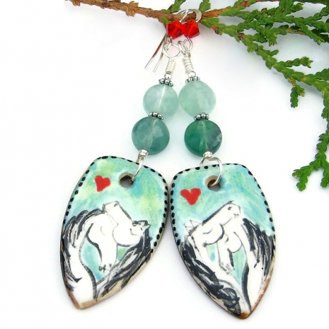 horse lover handmade earrings horses hearts jewelry ceramic fluorite crystals