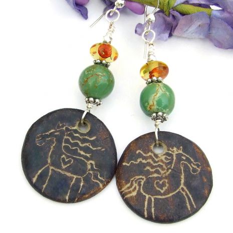 horse lover hearts earrings handmade rustic ceramic