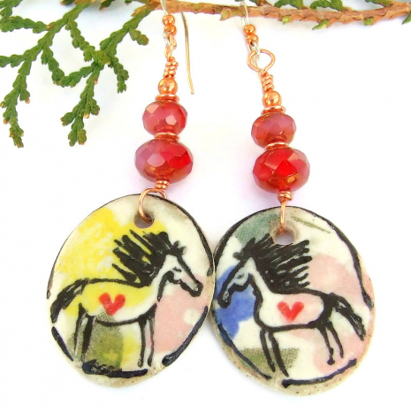 horse lover hearts valentines earrings handmade ceramic colorful
