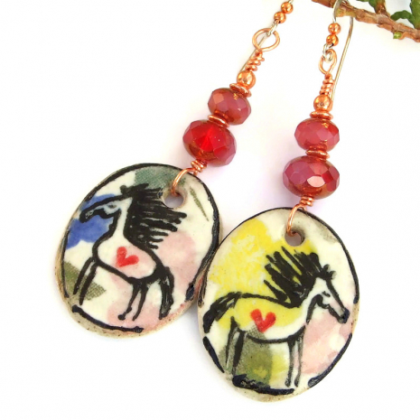 horse lover hearts valentines jewelry handmade ceramic colorful