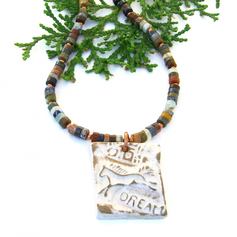 horse petroglyph dream pendant necklace mixed gemstones