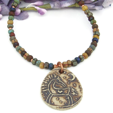 horse lover necklace moon heart ceramic handmade