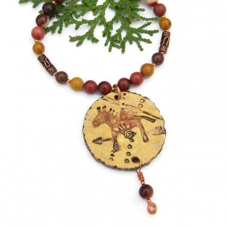 horse necklace handmade petroglyph Native American red creek jasper