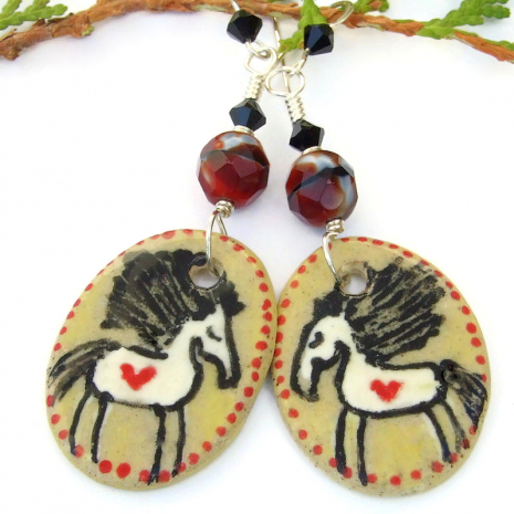 horses hearts horse lover earrings ceramic swarovski crystals