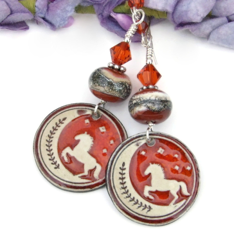 horses moon stars handmade earrings artisan ceramic lampwork crystals
