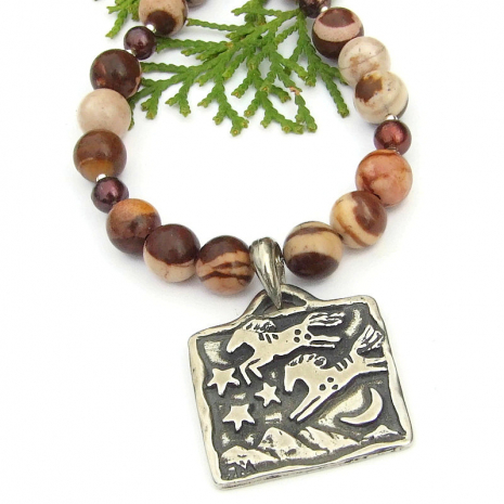 horses ponies jumping over moon handmade necklace brown zebra jasper pearls