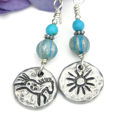 horses suns petroglyph earrings handmade Southwest silver turquoise