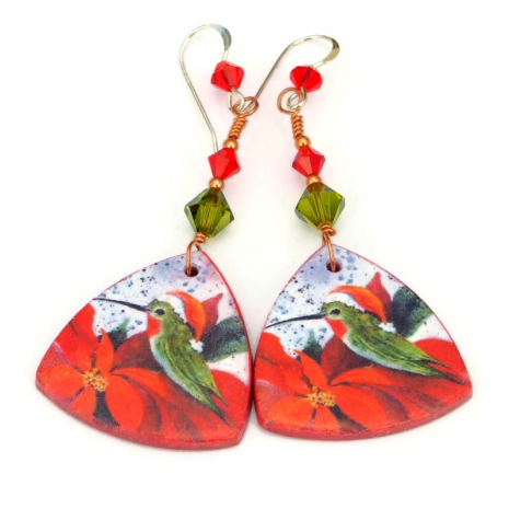 hummingbirds santa hat poinsettias christmas jewelry handmade gift for women
