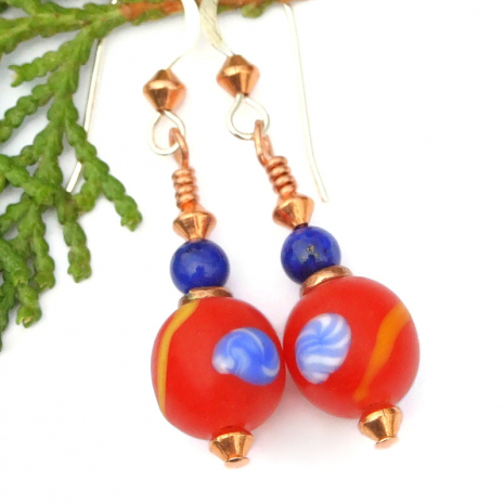 indonesian red blue glass earrings lapis lazuli