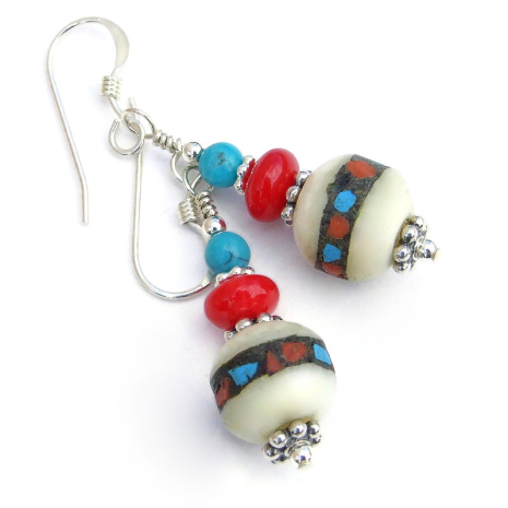 inlaid Tibetan bead handmade earrings gift for her blue red black ivory
