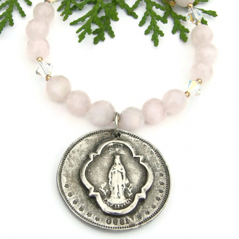 inspirational coin pendant jewelry virgin mary rose quartz